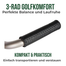Schwarzer Ledergriff für Golftrolley aus Titan, Detailaufnahme, hochwertig verarbeitet