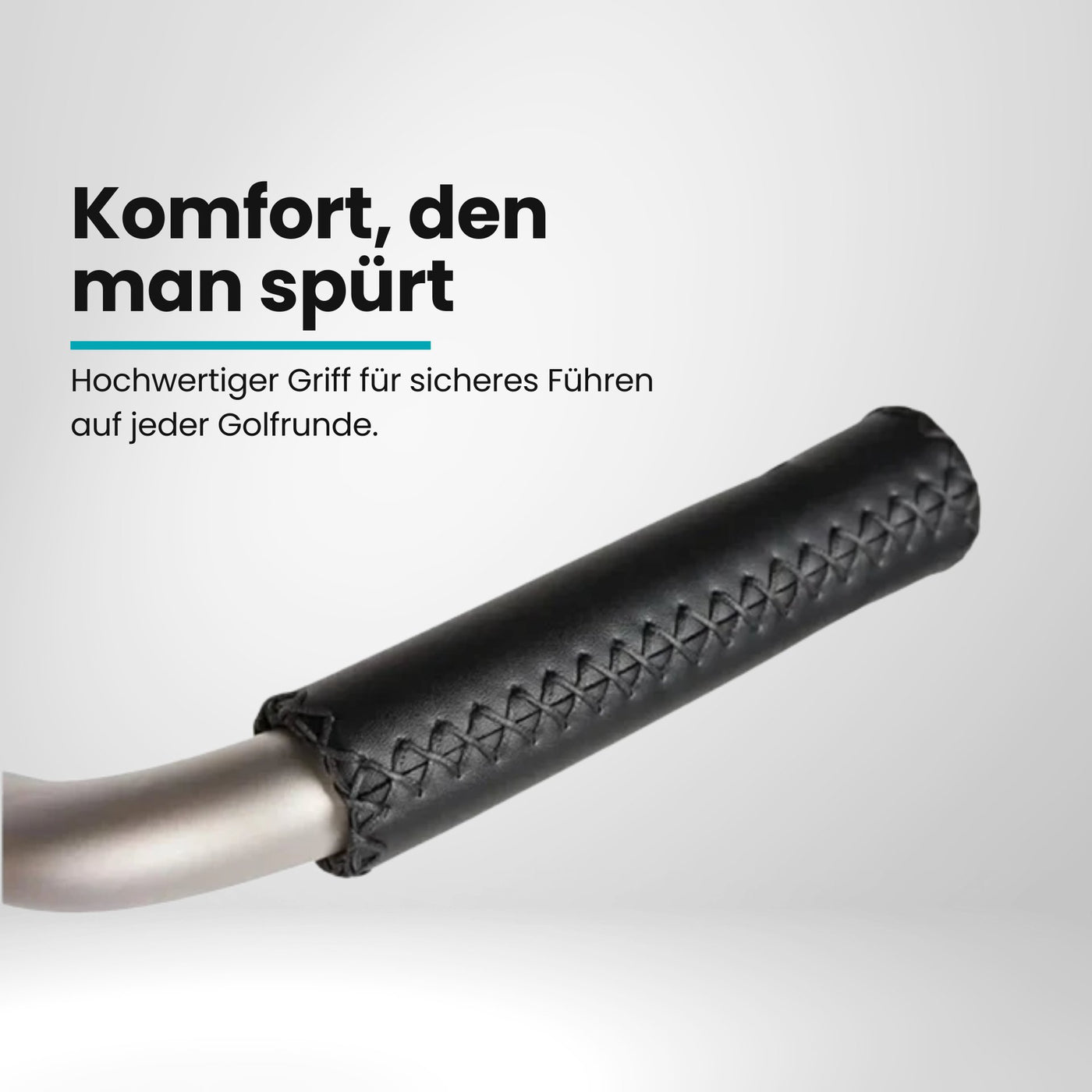 Schwarzer Ledergriff für Golftrolley aus Titan, Detailaufnahme, hochwertig verarbeitet