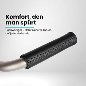 Schwarzer Ledergriff für Golftrolley aus Titan, Detailaufnahme, hochwertig verarbeitet