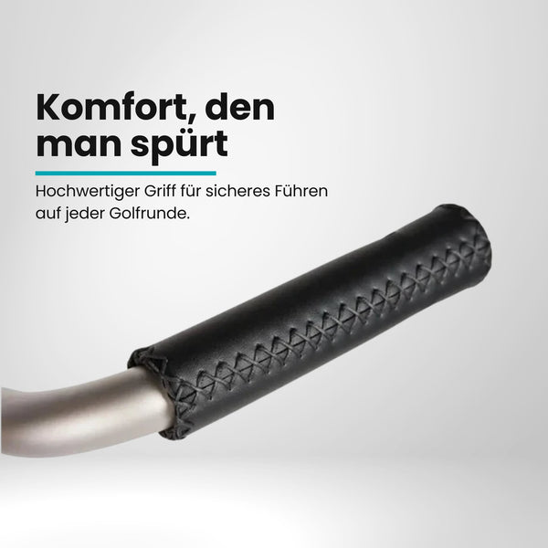 Schwarzer Ledergriff für Golftrolley aus Titan, Detailaufnahme, hochwertig verarbeitet