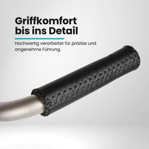 Golf Trolley Griff aus schwarzem Leder mit Ziernaht, Detailansicht