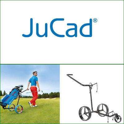 Golfspieler mit JuCad Golf Trolley auf dem Platz und JuCad Trolley, E-Trolley, Golf Zubehör