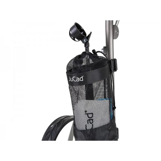 Schwarze JuCad Golftrolley-Zubehörtasche aus Netzmaterial am Gestänge befestigt