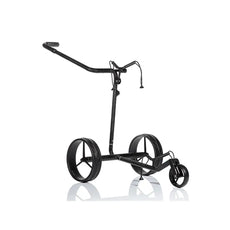 Schwarzer E-Trolley aus Carbon für Golfbags, mit drei Rädern, freigestellt auf Weiß