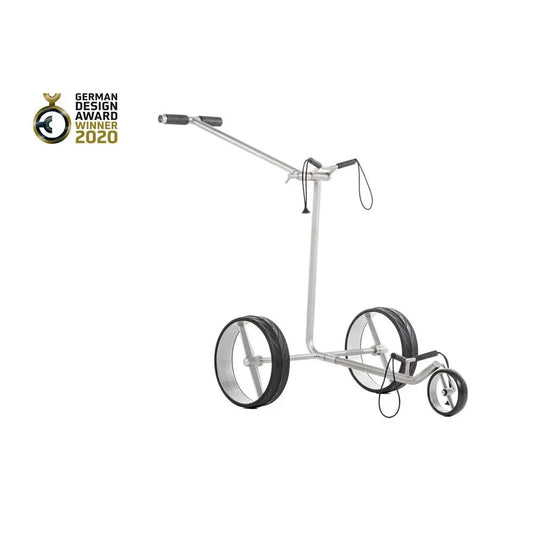 Moderner Golf Trolley aus Titan mit drei Rädern und German Design Award 2020 Logo
