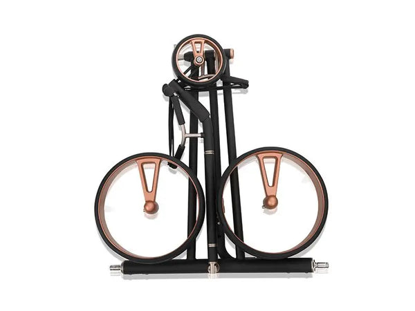 Zusammengeklappter, eleganter, schwarzer Golf E-Trolley mit kupferfarbenen Felgen, Draufsicht