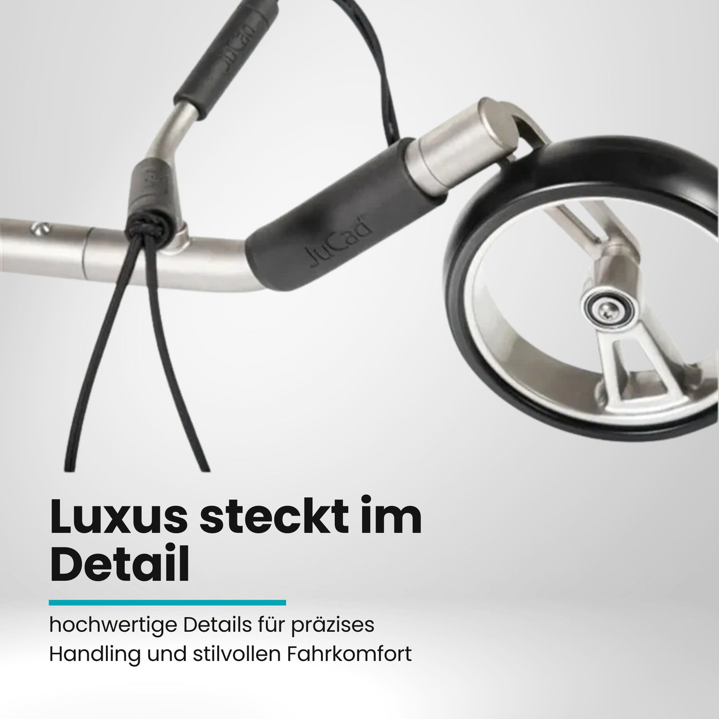 Detailaufnahme Vorderrad und Rahmen eines Golf Trolleys aus Titan mit JuCad Schriftzug
