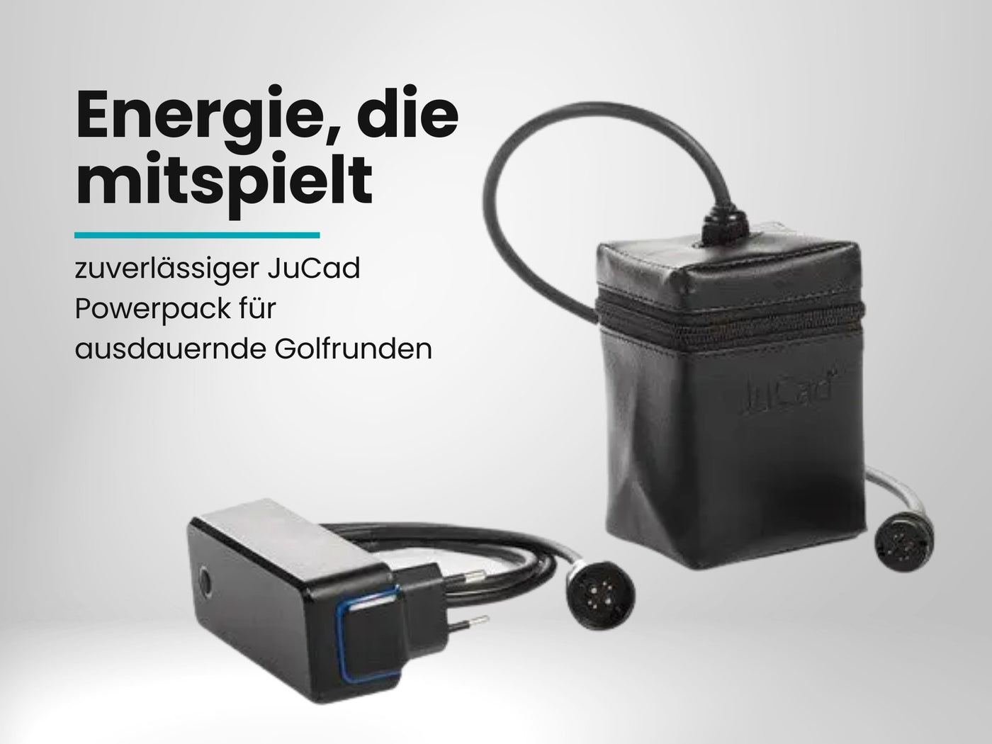 Schwarzer Golf Trolley Akku mit Ladegerät, kompakt und mit Anschlusskabel, Zubehör für E-Trolleys