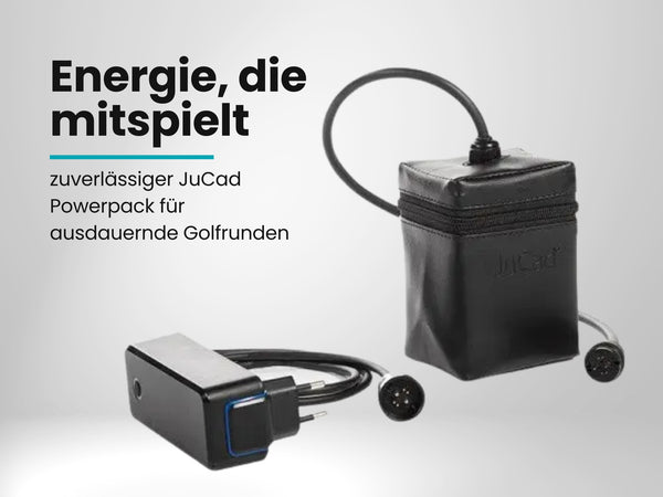 Schwarzer Golf Trolley Akku mit Ladegerät, kompakt und mit Anschlusskabel, Zubehör für E-Trolleys