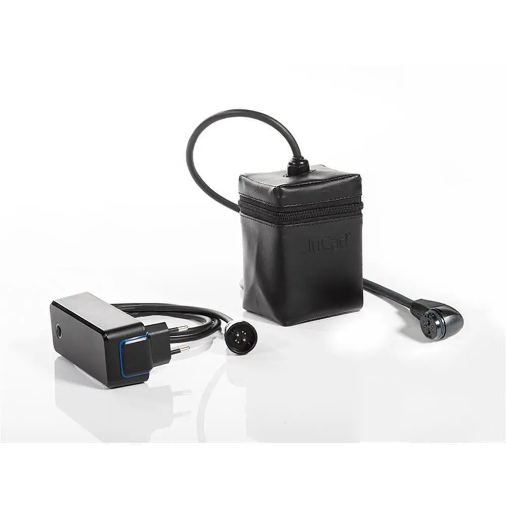 Akku und Ladegerät für Golf E-Trolley, schwarzes Gehäuse mit Kabel und Stecker