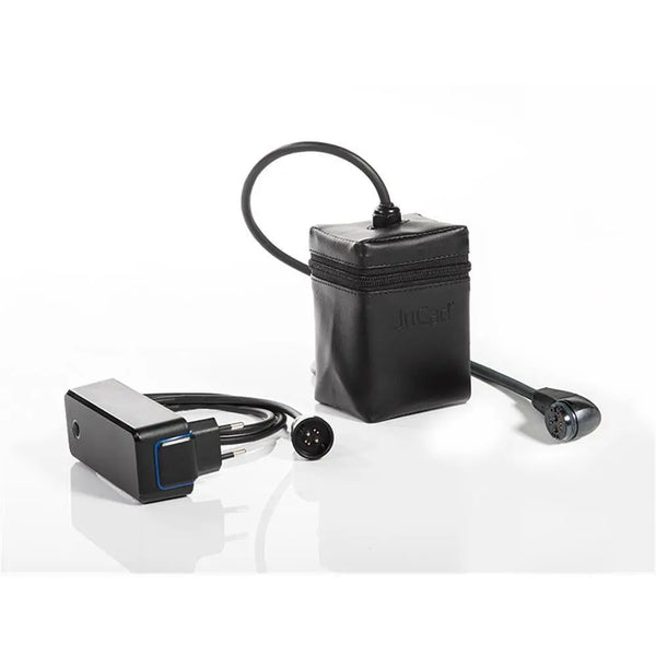 Akku und Ladegerät für Golf E-Trolley, schwarzes Gehäuse mit Kabel und Stecker
