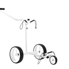 Weißer Golf Trolley mit drei Rädern und ergonomischem Griff auf weißem Hintergrund