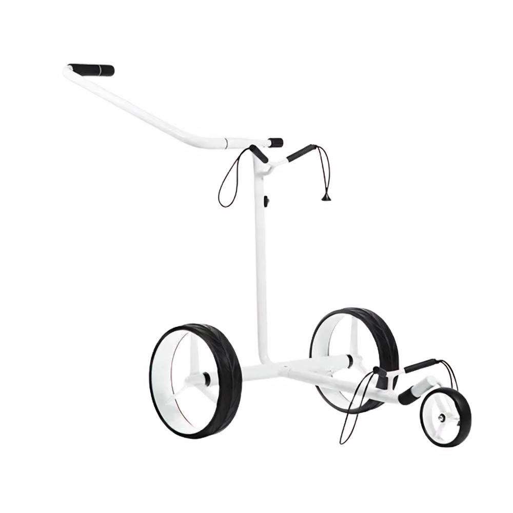 Weißer Golf Trolley mit drei Rädern und ergonomischem Griff auf weißem Hintergrund