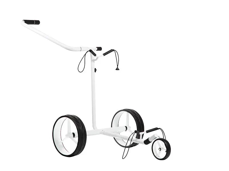 Weißer Golf Trolley mit drei Rädern und ergonomischem Griff auf weißem Hintergrund