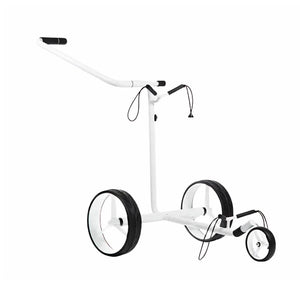 Weißer Golf Trolley mit drei Rädern und ergonomischem Griff auf weißem Hintergrund