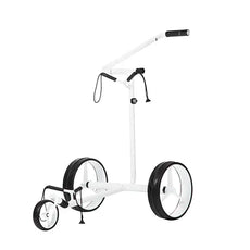 Weißer Golf Trolley mit drei Rädern und höhenverstellbarem Griff, freigestellt