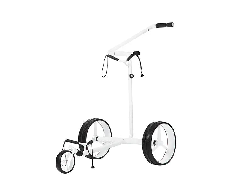Weißer Golf Trolley mit drei Rädern und höhenverstellbarem Griff, freigestellt