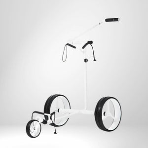 Weißer Golf Trolley mit drei Rädern und höhenverstellbarem Griff, freigestellt