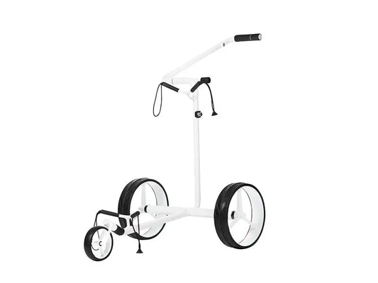 Weißer Golf Trolley mit drei Rädern und höhenverstellbarem Griff, freigestellt