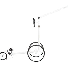 Weißer Golf Trolley mit drei Rädern und langem Griff auf weißem Hintergrund