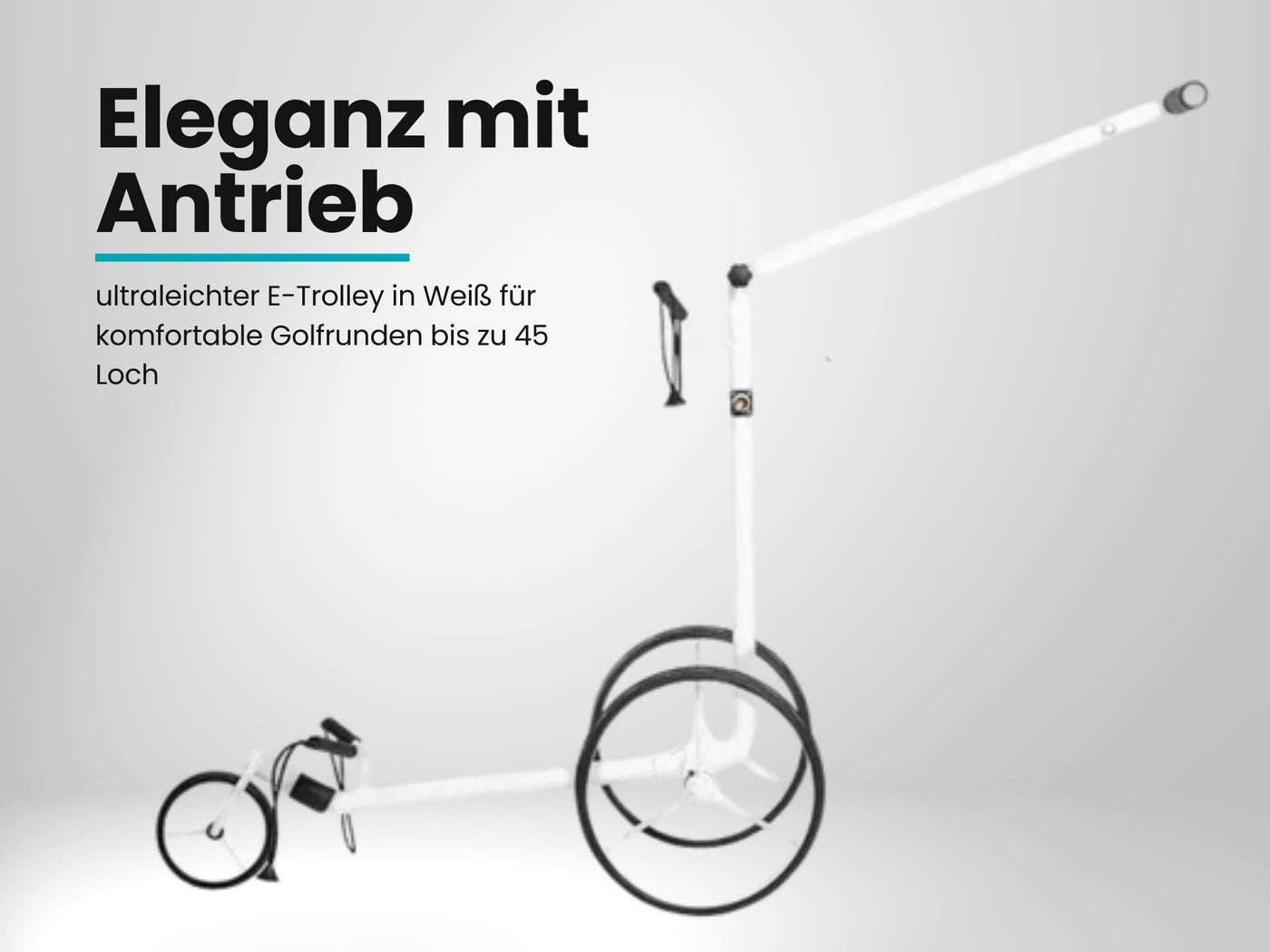 Weißer Golf Trolley mit drei Rädern und langem Griff auf weißem Hintergrund