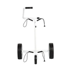 Weißer Golftrolley mit drei großen Rädern und ergonomischem Griff, frontal freigestellt