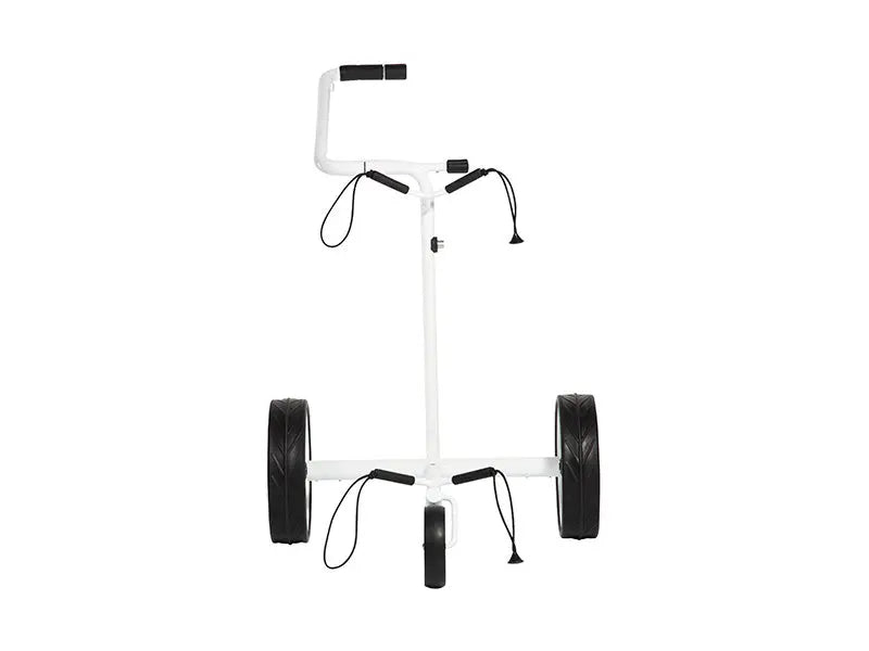 Weißer Golftrolley mit drei großen Rädern und ergonomischem Griff, frontal freigestellt