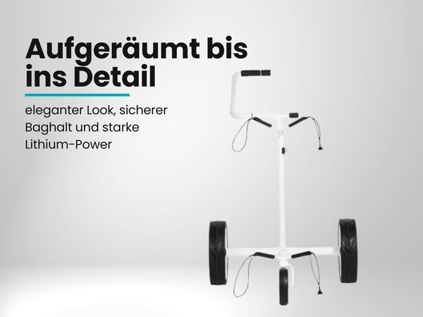 Weißer Golftrolley mit drei großen Rädern und ergonomischem Griff, frontal freigestellt