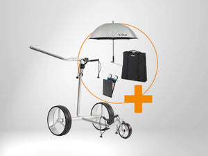 Leichter Golftrolley mit Zubehör-Set: Schirm, Tasche und Halter vor weißem Hintergrund
