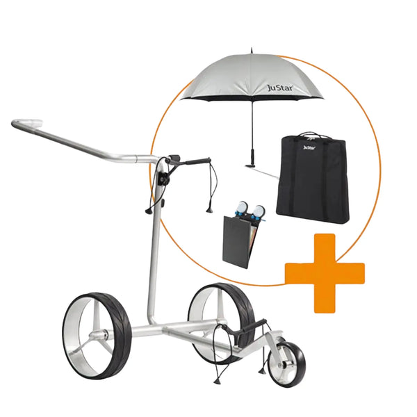 Leichter Golftrolley mit Zubehör-Set: Schirm, Tasche und Halter vor weißem Hintergrund