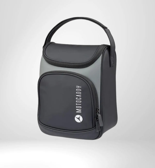 Schwarze Golf Kühltasche mit Reißverschluss und Tragegriff, ideal als Zubehör für Golftrolleys.