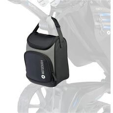 Schwarze Motocaddy Kühltasche am Golf Trolley, Zubehör für Golfer, Vorderansicht