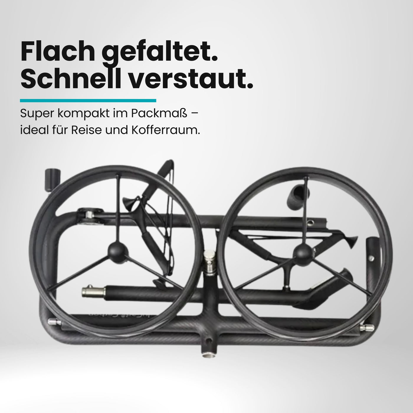 Faltbarer Carbon Golf Trolley mit zwei schwarzen Rädern, kompakt zusammengelegt