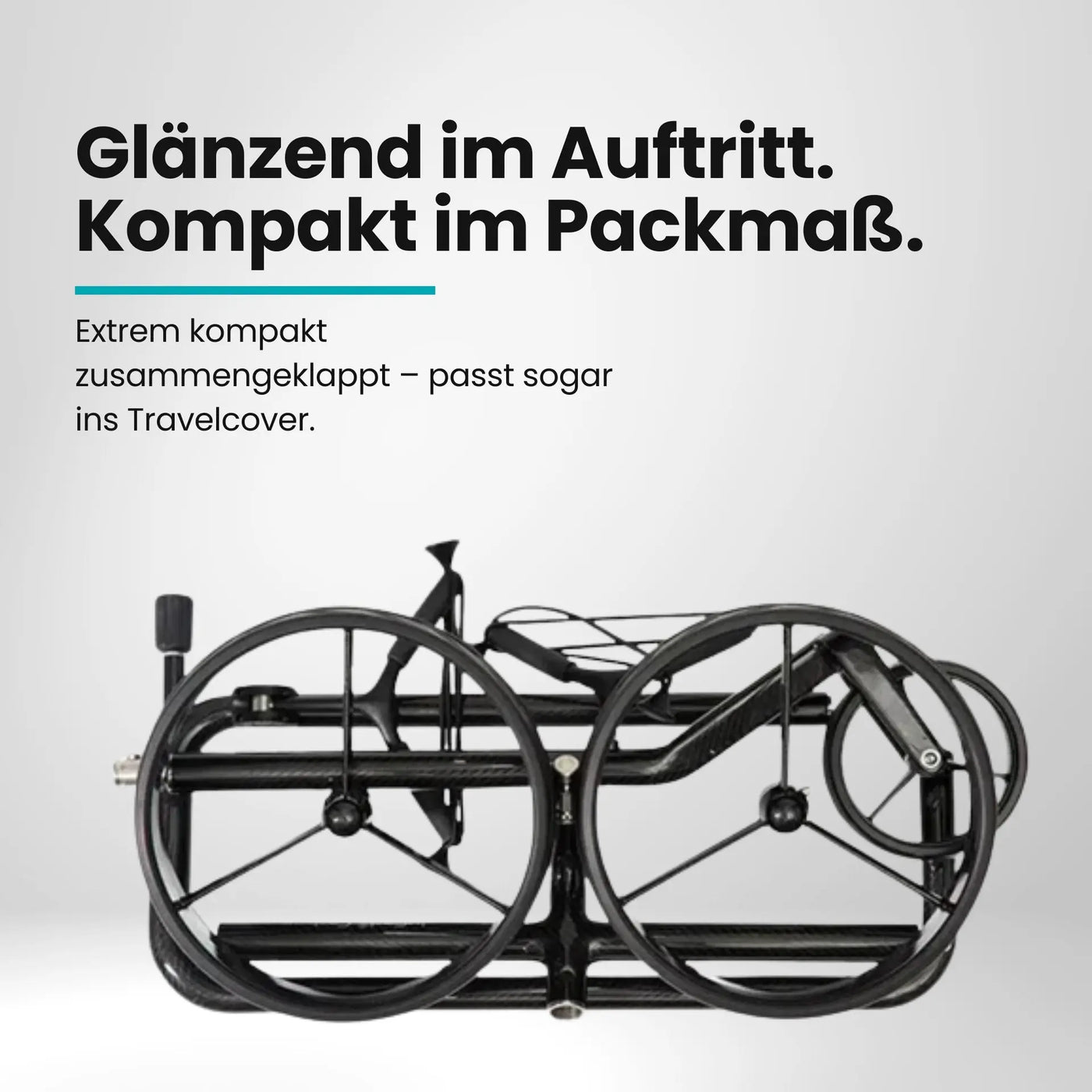Kompakt zusammengeklappter Golf Trolley aus Carbon, leicht und platzsparend, auf weißem Hintergrund