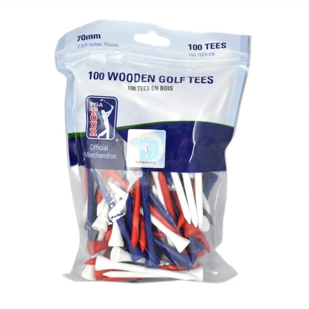 Packung mit 100 bunten Holz Golf-Tees, rot, blau, weiß, 70mm Länge, PGA Tour Logo
