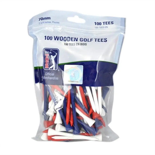 Packung mit 100 bunten Holz Golf-Tees, rot, blau, weiß, 70mm Länge, PGA Tour Logo