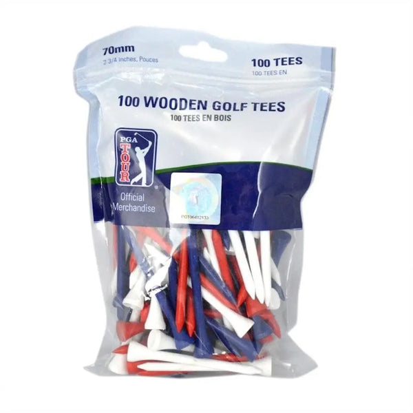 Packung mit 100 bunten Holz Golf-Tees, rot, blau, weiß, 70mm Länge, PGA Tour Logo