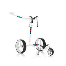Weißer Golf E-Trolley mit drei Rädern und bunten Streifen auf weißem Hintergrund
