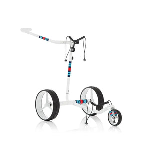 Weißer Golf E-Trolley mit drei Rädern und bunten Streifen auf weißem Hintergrund