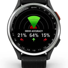 Schwarze Golf GPS-Uhr mit Anzeige zur Drive-Genauigkeit und Prozentwerten auf dem Display