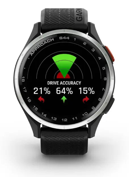 Schwarze Golf GPS-Uhr mit Anzeige zur Drive-Genauigkeit und Prozentwerten auf dem Display