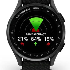 Schwarze Golf GPS-Uhr mit Displayanzeige für Drive Accuracy und Prozentzahlen, modernes Design