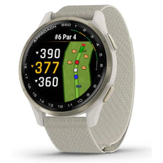 Golfsmartwatch mit grauem Armband und Farbbildschirm, zeigt Golfplatz-Layout und Distanz