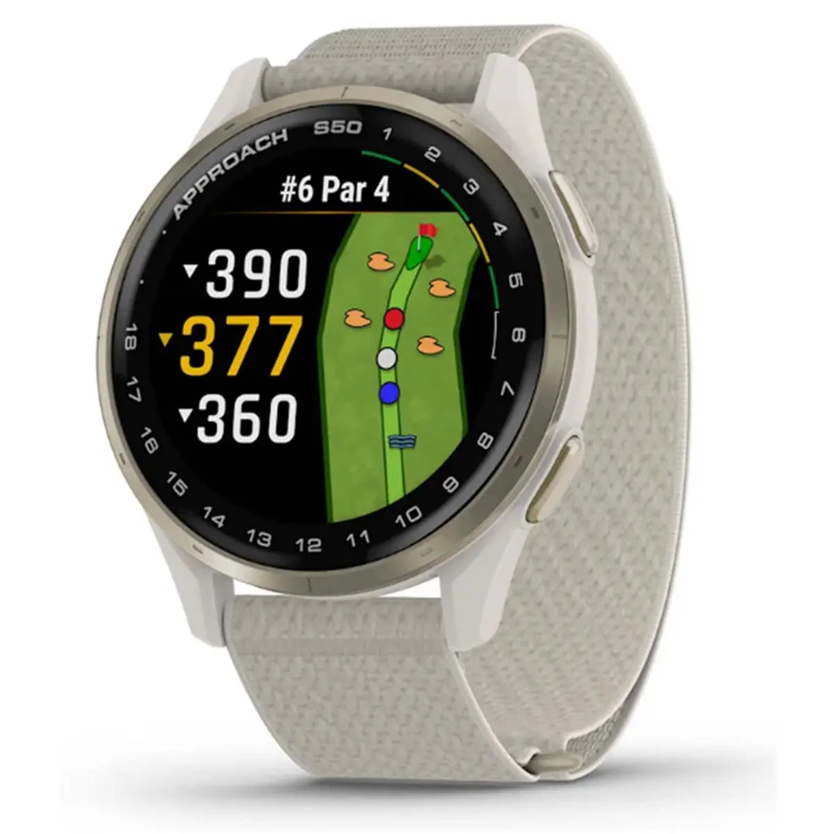 Golfsmartwatch mit grauem Armband und Farbbildschirm, zeigt Golfplatz-Layout und Distanz