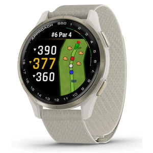 Golfsmartwatch mit grauem Armband und Farbbildschirm, zeigt Golfplatz-Layout und Distanz