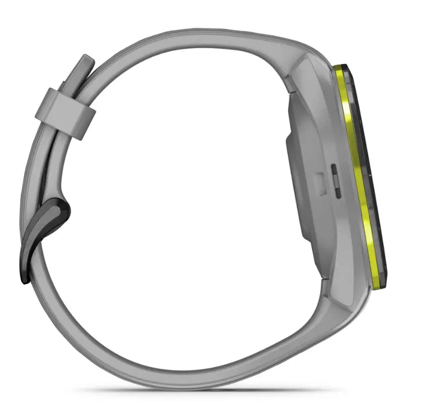 Graue Golf GPS-Uhr mit gelber Lünette, seitliche Ansicht, modernes Sportdesign
