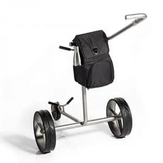 Moderner Golf Trolley aus Metall mit schwarzen großen Rädern und praktischer Golftasche