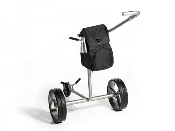 Moderner Golf Trolley aus Metall mit schwarzen großen Rädern und praktischer Golftasche