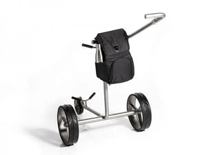 Moderner Golf Trolley aus Metall mit schwarzen großen Rädern und praktischer Golftasche