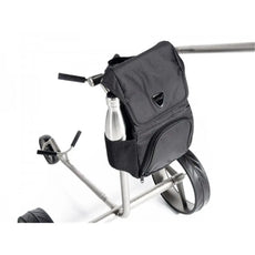 Schwarze Golftrolley-Organizer-Tasche mit Flaschenhalter am silbernen Golf Trolley montiert